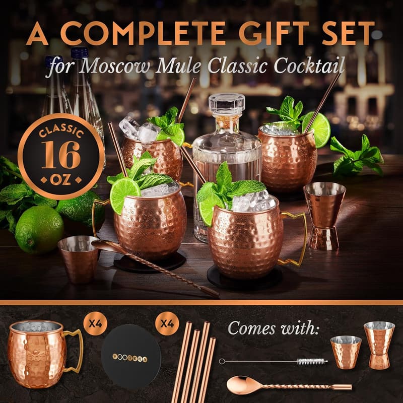 Moscow Mule Gift Set: 4 Copper-Plated Mugs with Straws & Coasters
