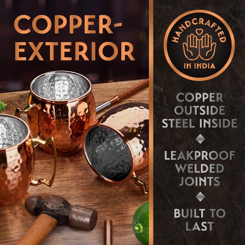 Moscow Mule Gift Set: 4 Copper-Plated Mugs with Straws & Coasters