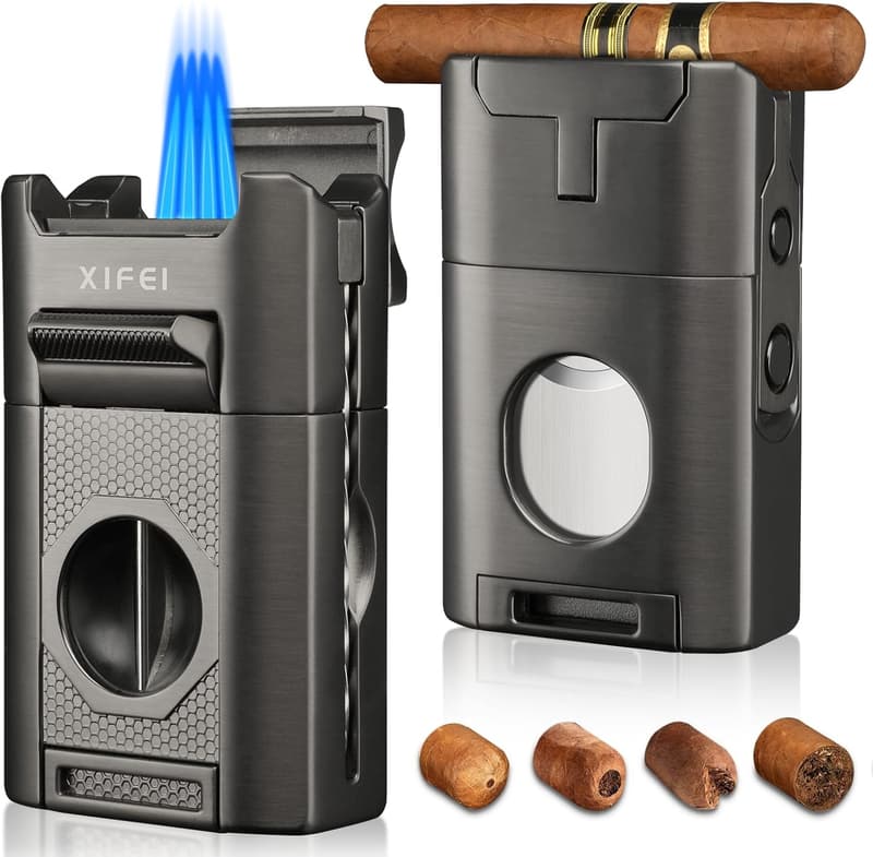 Gray 6-in-1 Cigar Lighter Set with Cutter & Punch for Men