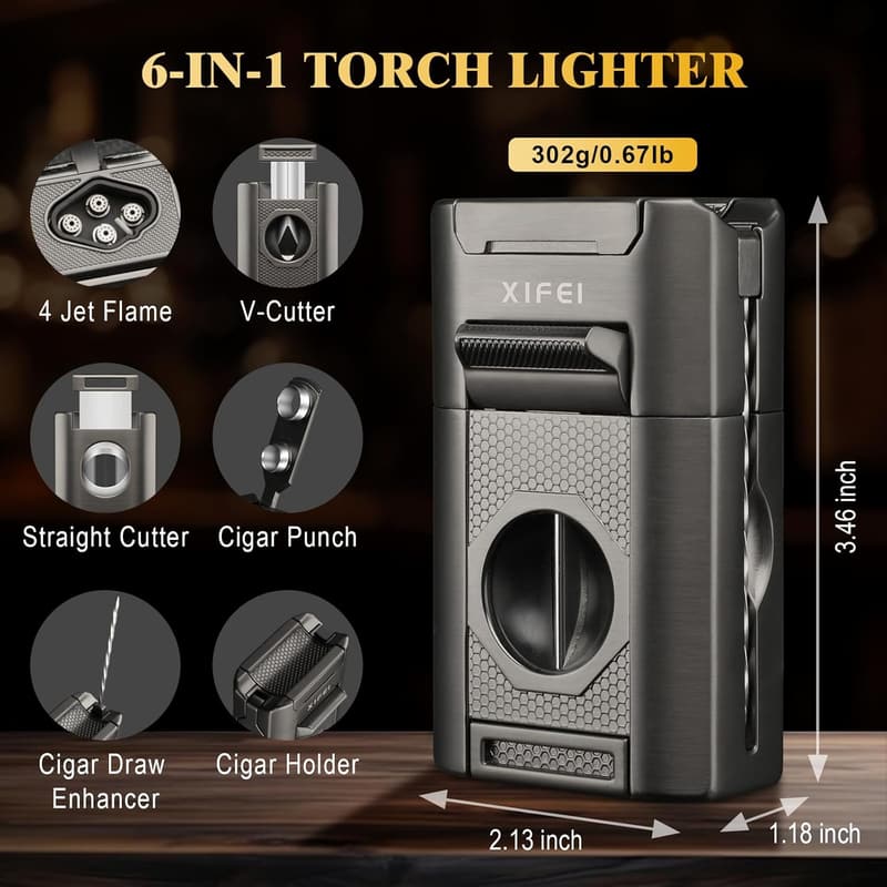 Gray 6-in-1 Cigar Lighter Set with Cutter & Punch for Men