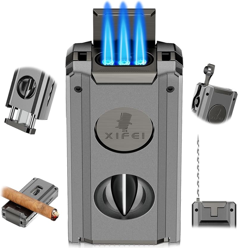 5-in-1 Cigar Lighter with Triple Jet Flame and Cutter for Men