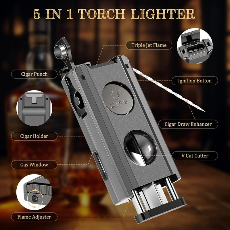 5-in-1 Cigar Lighter with Triple Jet Flame and Cutter for Men