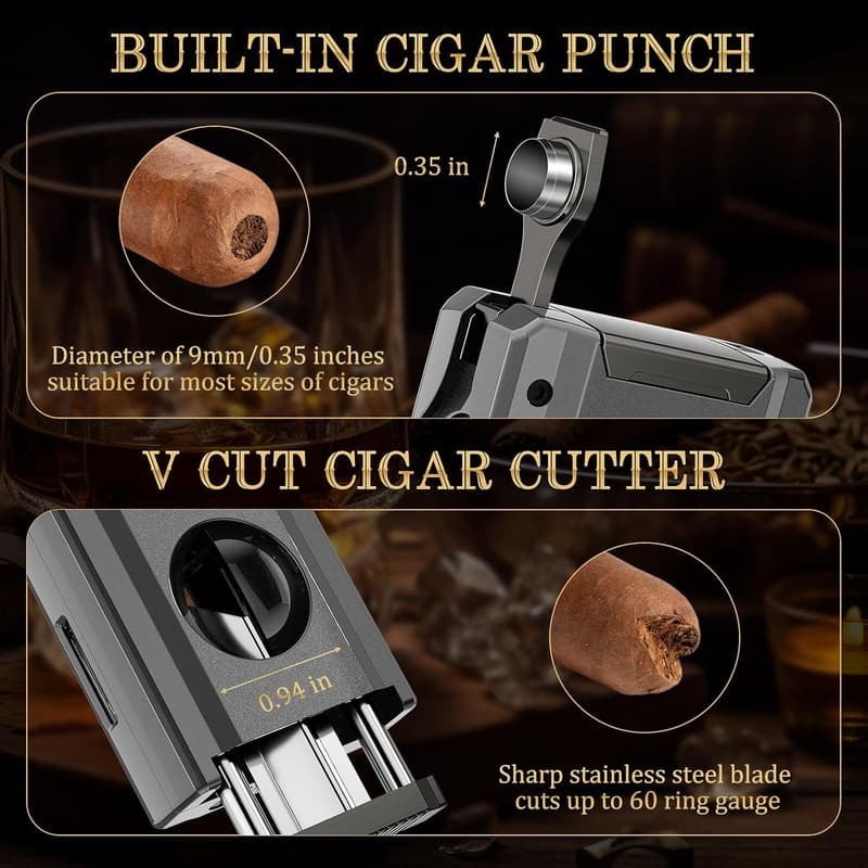 5-in-1 Cigar Lighter with Triple Jet Flame and Cutter for Men