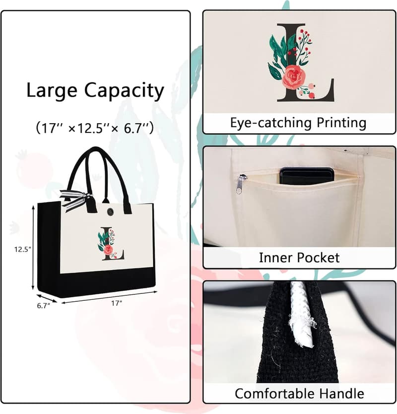 Personalized Initial Canvas Tote Bag for Women's Birthday Gifts
