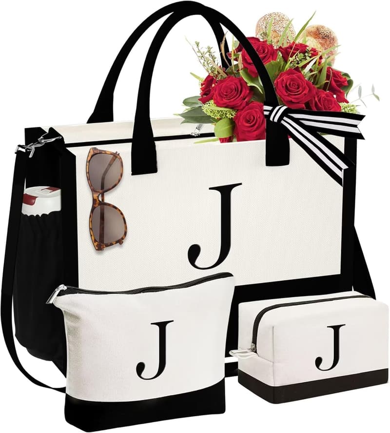Birthday Tote & Makeup Bag Set for Women, Personalized Initial