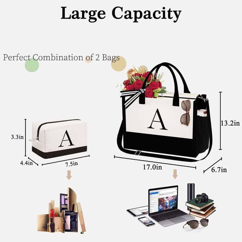 Birthday Tote & Makeup Bag Set for Women, Personalized Initial
