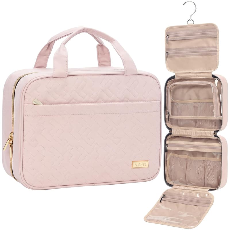 Portable Hanging Toiletry Bag for Women - Pink Travel Organizer