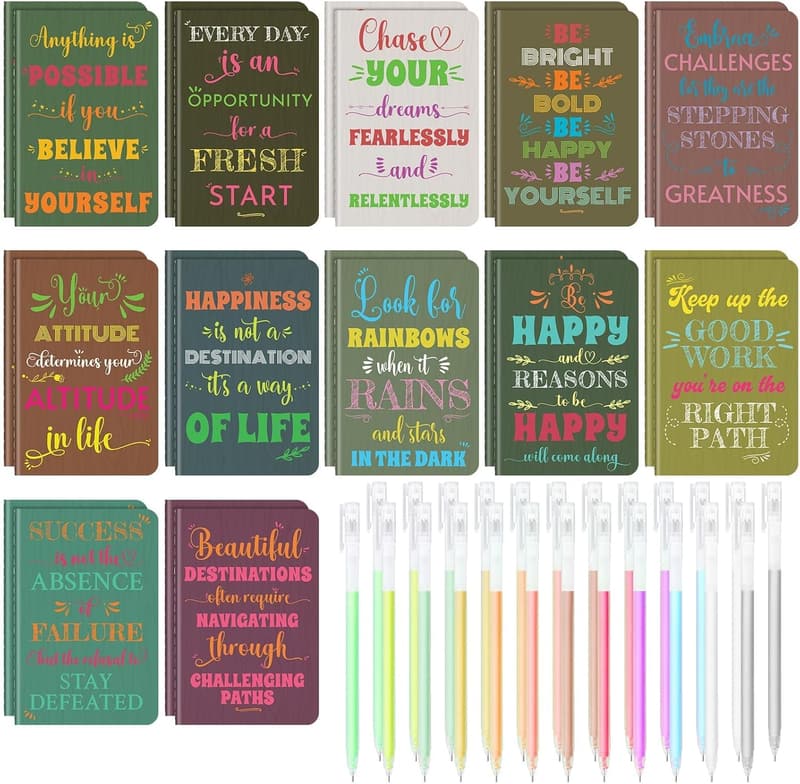 Mini Inspirational Notebooks Set with Colorful Pens - 24 Pcs