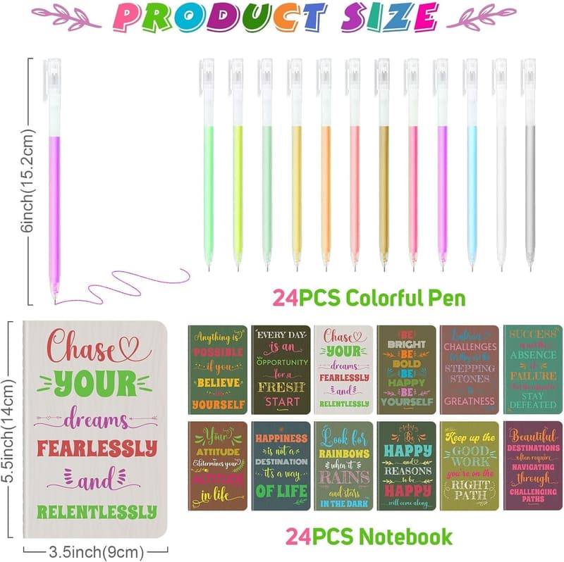 Mini Inspirational Notebooks Set with Colorful Pens - 24 Pcs
