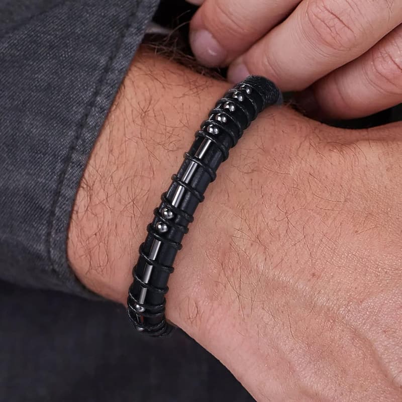 Gunmetal Morse Code Leather Bracelet for Men - Inspirational Gift