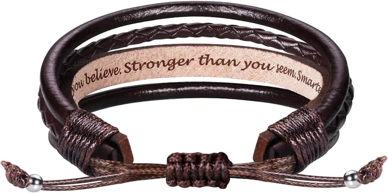 Father's Day Leather Bracelet for Men - Adjustable Brown with Message