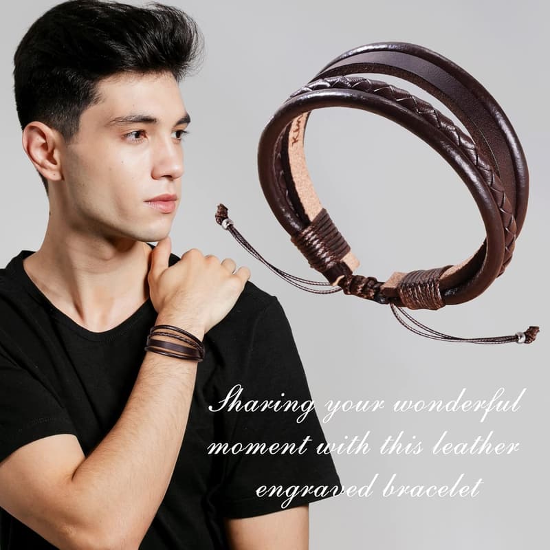 Father's Day Leather Bracelet for Men - Adjustable Brown with Message