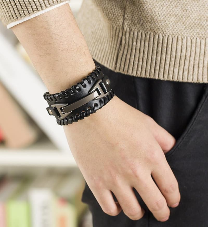 Punk Leather Braided Wristband for Men