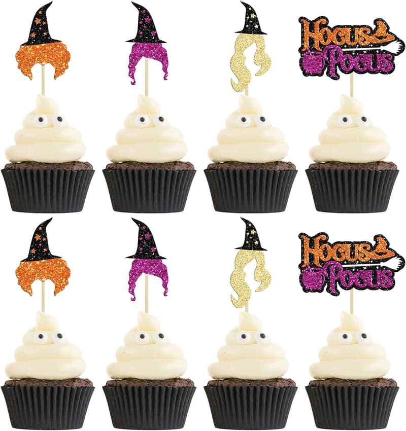 Halloween Cupcake Toppers - 24Pcs Glitter Witch Hats & Hair