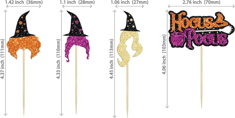 Halloween Cupcake Toppers - 24Pcs Glitter Witch Hats & Hair