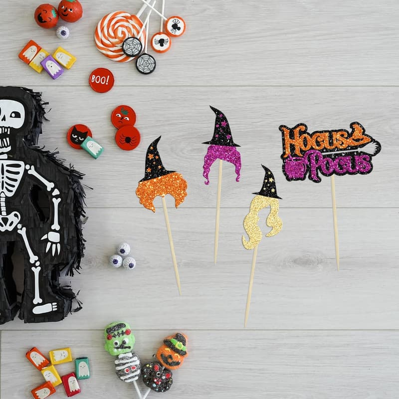 Halloween Cupcake Toppers - 24Pcs Glitter Witch Hats & Hair
