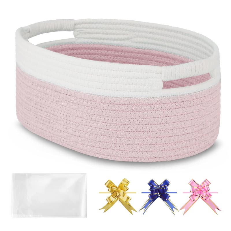 Baby Gift Basket - Light Pink Woven Storage with Ribbons (13