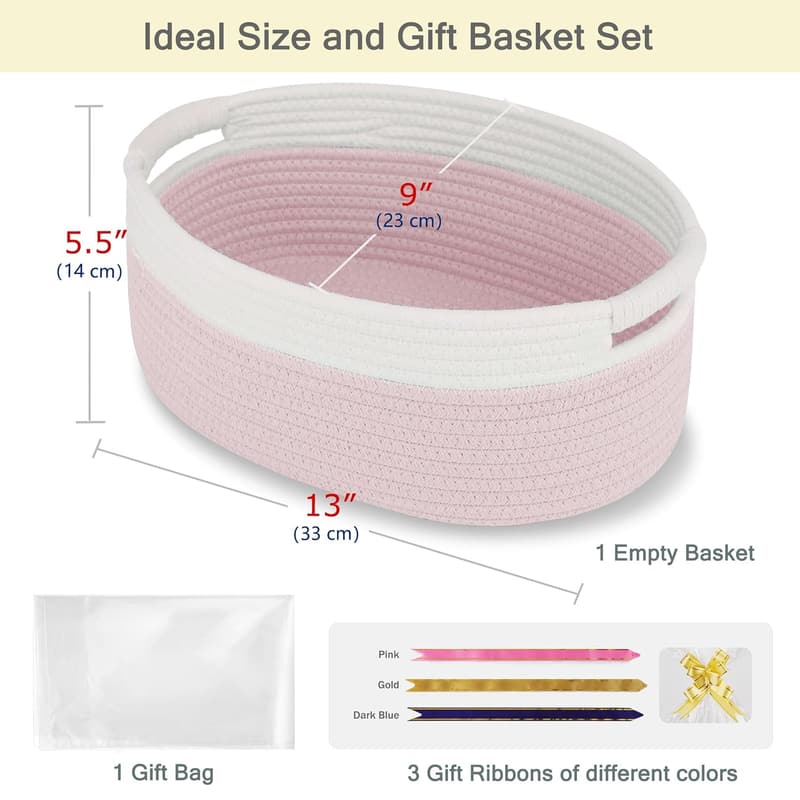 Baby Gift Basket - Light Pink Woven Storage with Ribbons (13