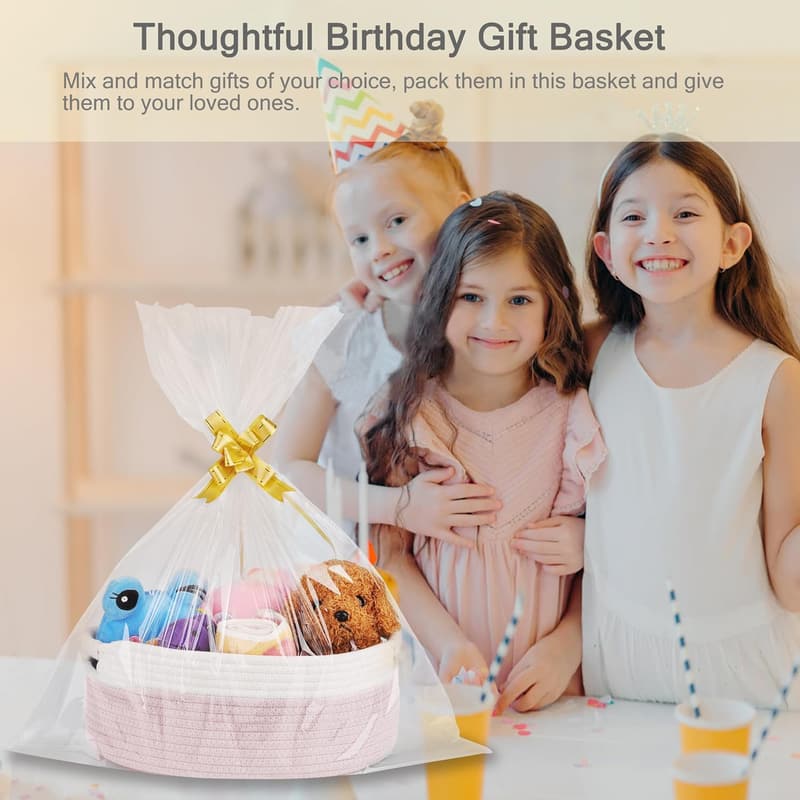 Baby Gift Basket - Light Pink Woven Storage with Ribbons (13