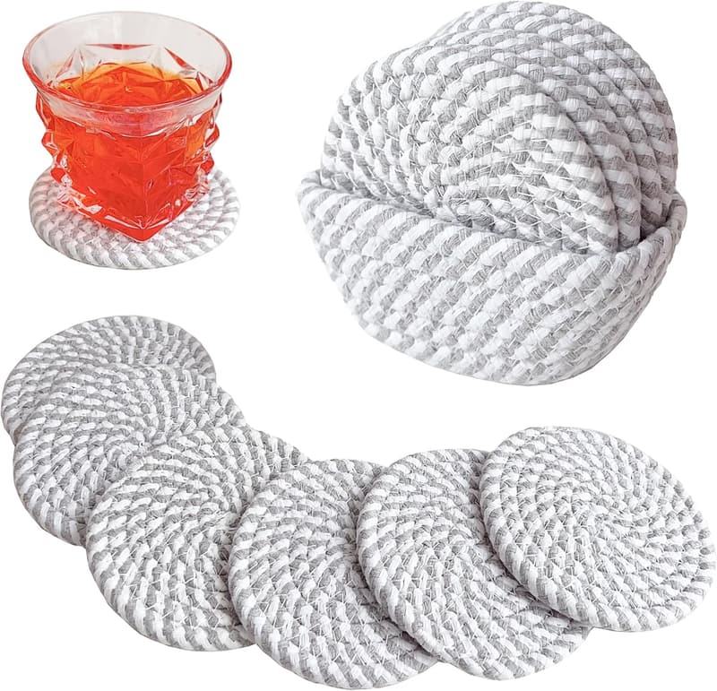 Handmade Woven Cotton Coaster Set with Storage Basket