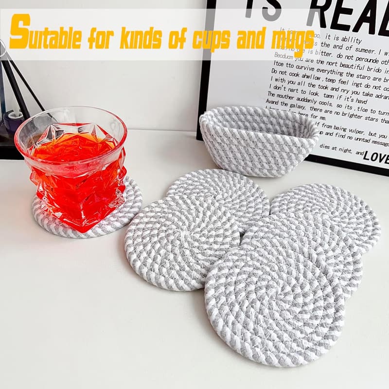 Handmade Woven Cotton Coaster Set with Storage Basket