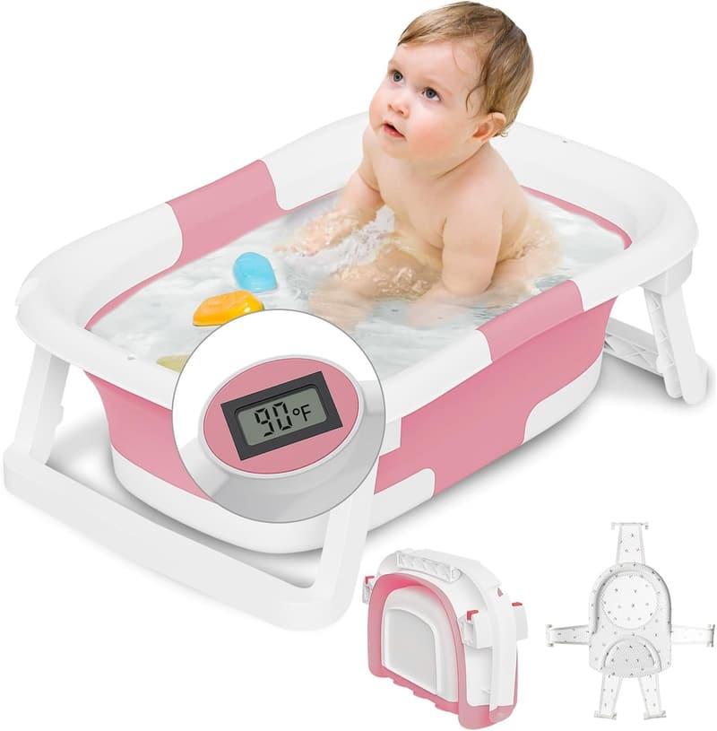 Portable Collapsible Baby Bathtub with Soft Cushion & Thermometer
