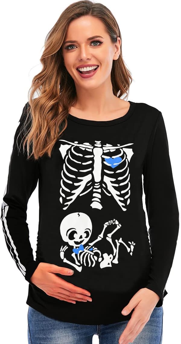 Halloween Pumpkin Skeleton Maternity Long Sleeve Shirt