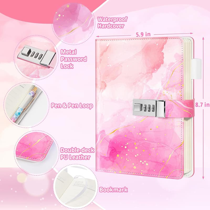 Aesthetic Pink Locked Diary for Teen Girls - Refillable Journal Kit