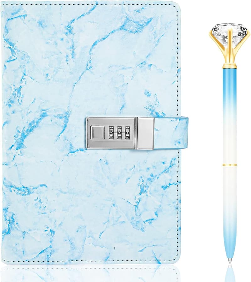 Marble A5 Journal with Lock and Diamond Pen (Blue)