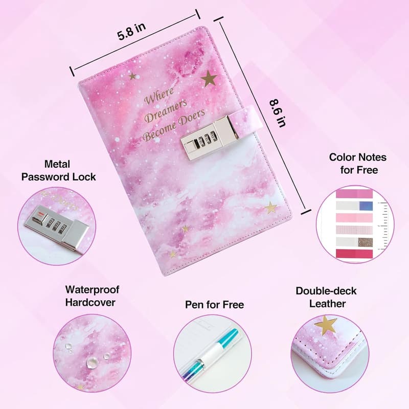 Pink Locked Journal for Girls Ages 8-12 - 192 Pages, Birthday Gift