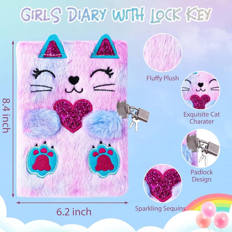 Cat Diary with Lock for Kids - Secret Journal Gift Set