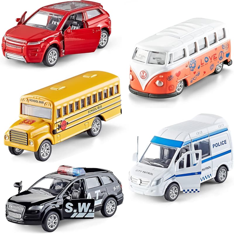 Die-cast Metal Toy Cars Set for Kids - 5 Openable Pull Back Cars