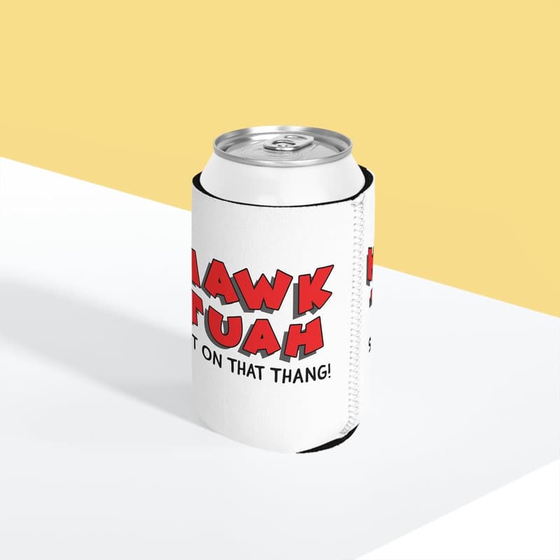 Funny Hawk Tuah Can Cooler - White with Red Text