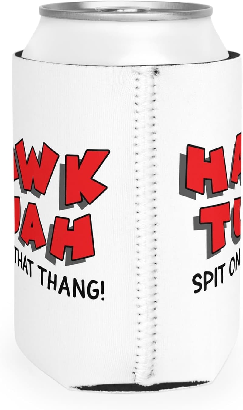 Funny Hawk Tuah Can Cooler - White with Red Text