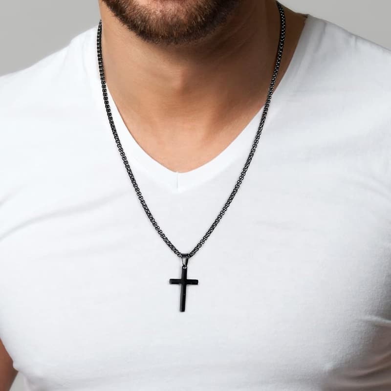 Men's Silver/Black Cross Necklace with Cuban Chain - Father's Day Gift