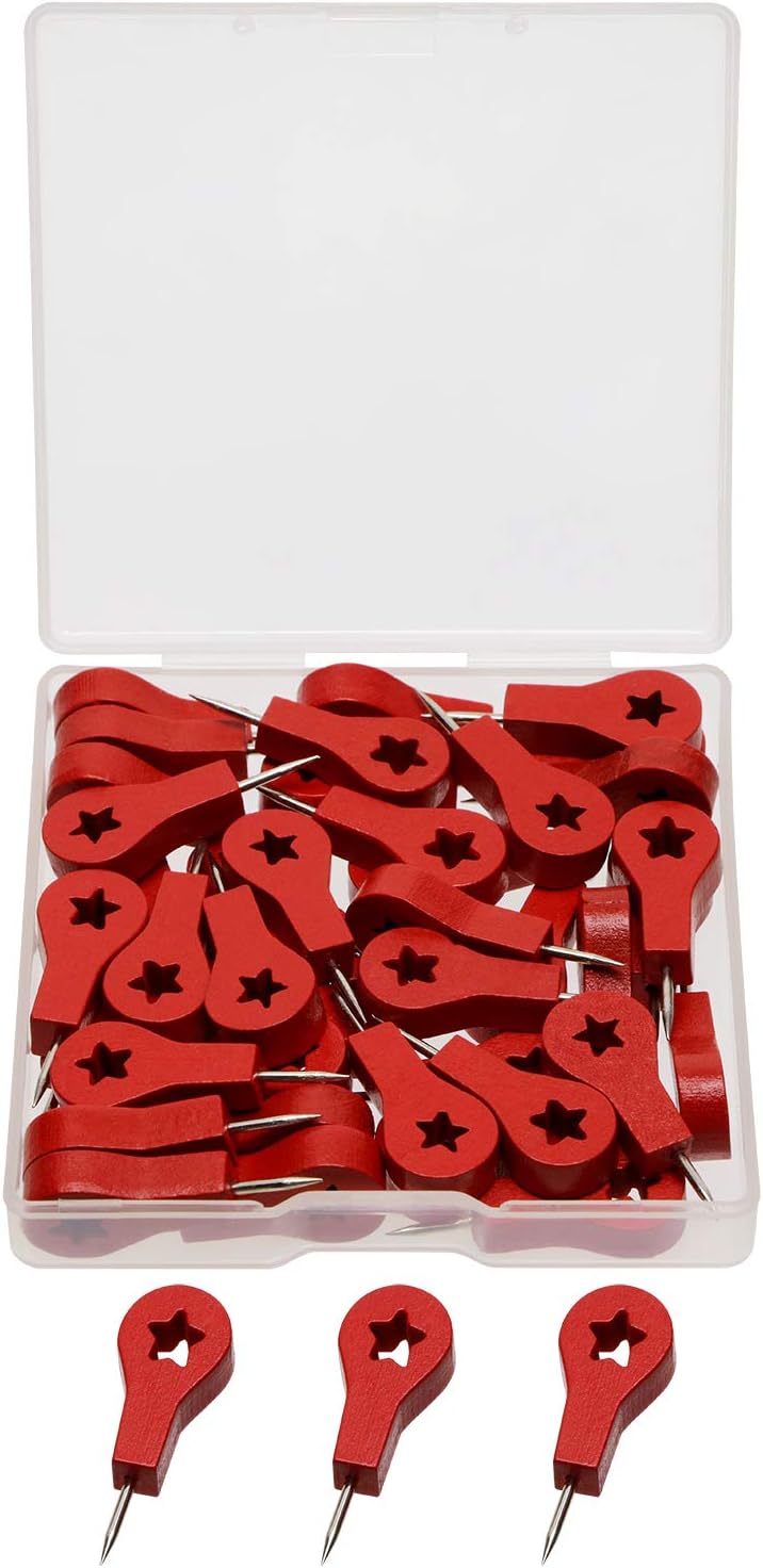 Decorative Wood Push Pins for Art & Photos - 40 PCS Red Stars