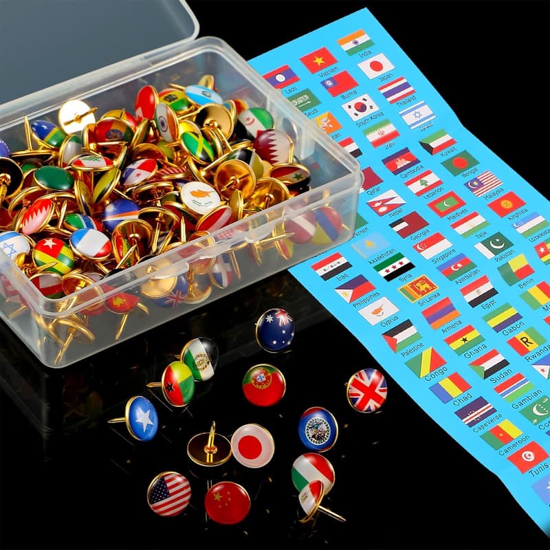 National Flag Push Pins - 194 Decorative Thumb Tacks for Maps