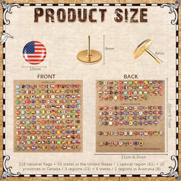 Creative World Map Flag Push Pins - 289 Pcs Thumb Tacks