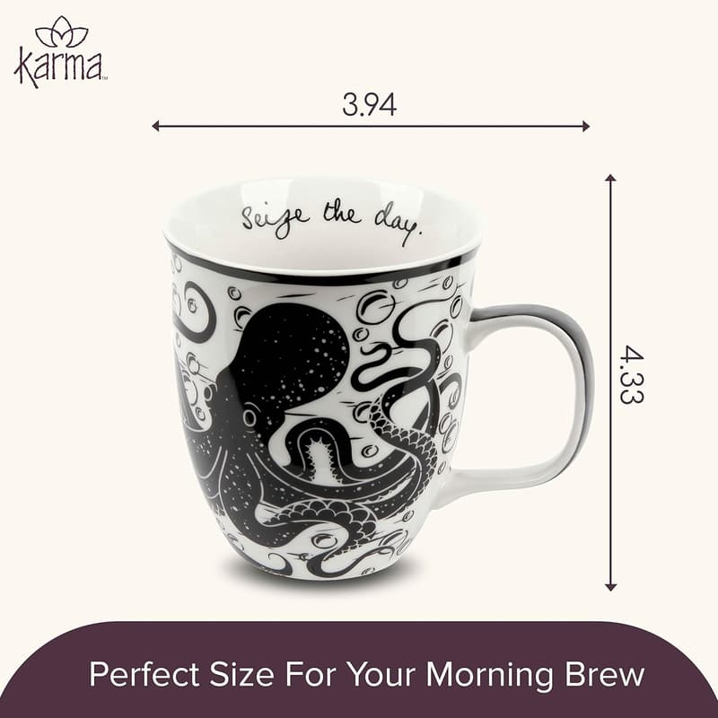 Boho Octopus Ceramic Mug - 16 oz Black and White