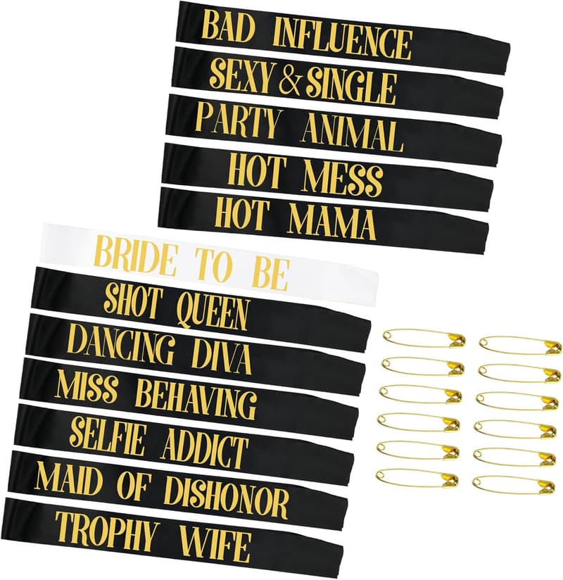 Bachelorette Party Bride Sash Set – 12 Pack, Black & Rose Gold