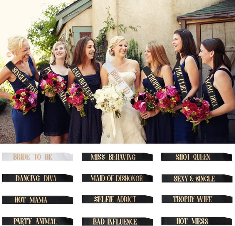 Bachelorette Party Bride Sash Set – 12 Pack, Black & Rose Gold