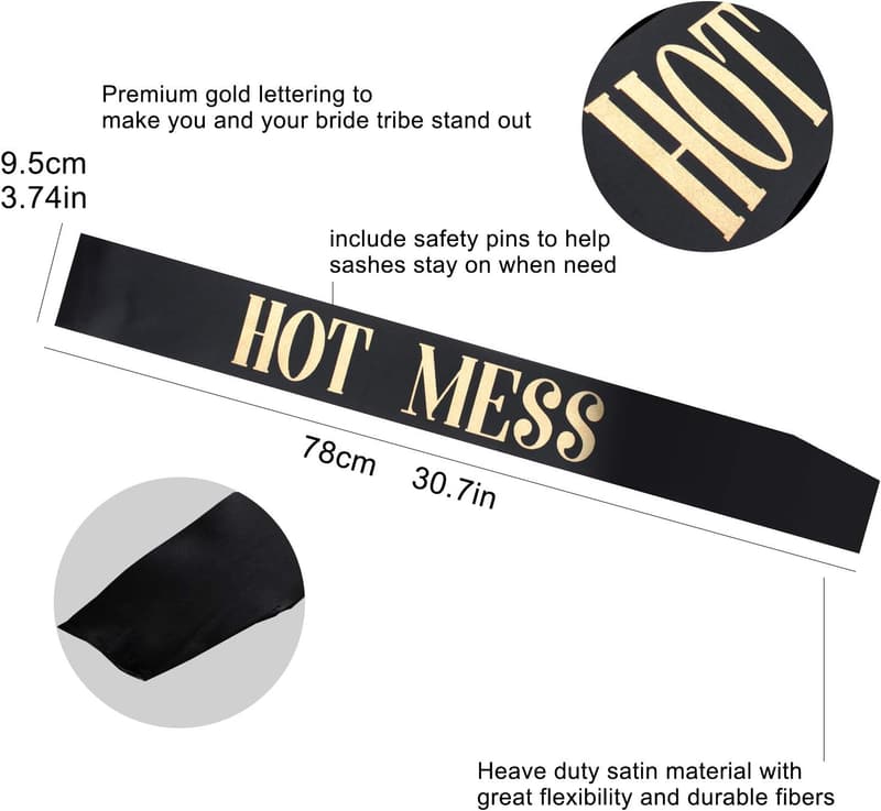 Bachelorette Party Bride Sash Set – 12 Pack, Black & Rose Gold