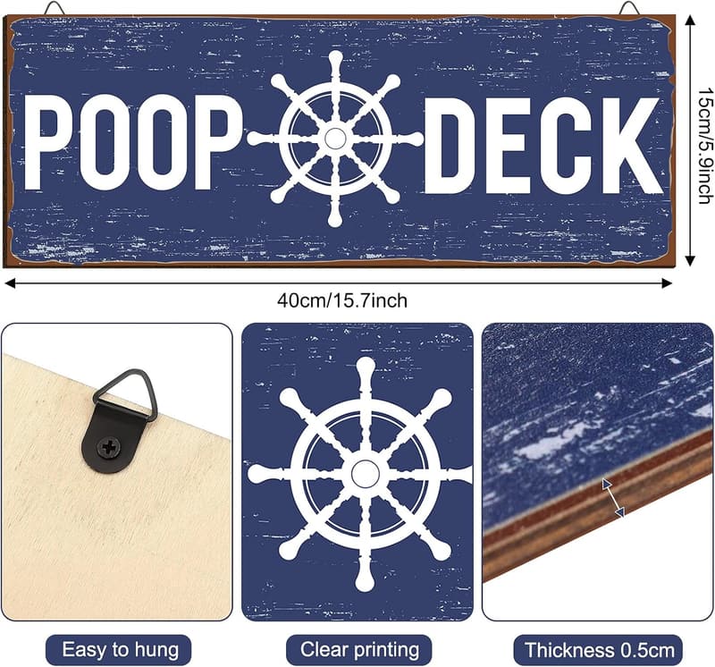 Nautical Bathroom Wall Decor - Rustic Wooden Poop Deck Sign