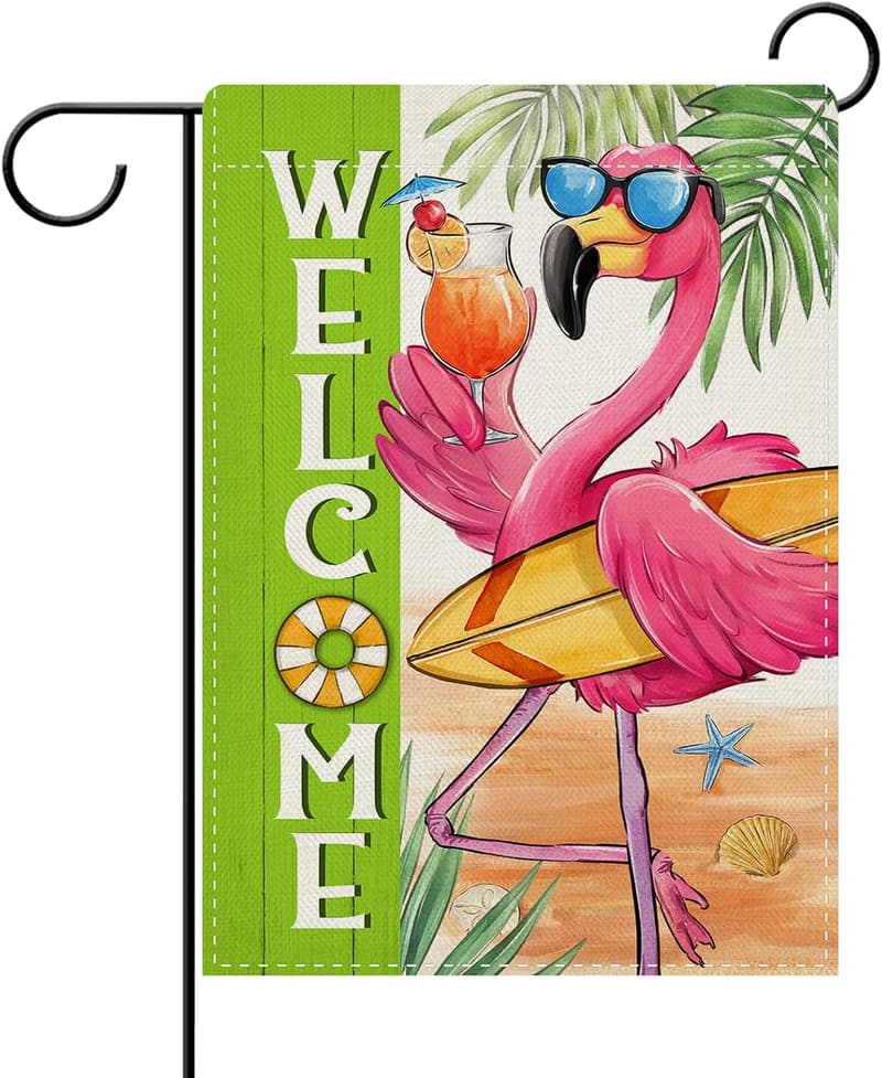 Welcome Summer Flamingo Garden Flag - Tropical Beach Decor 12x18