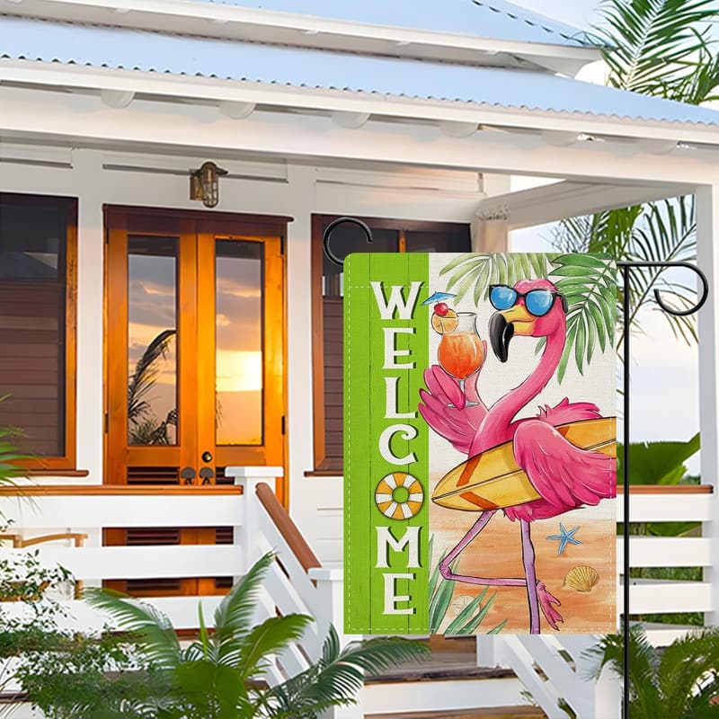 Welcome Summer Flamingo Garden Flag - Tropical Beach Decor 12x18