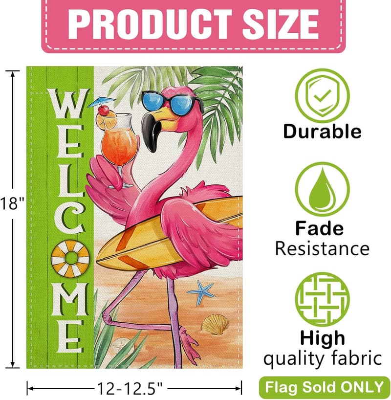 Welcome Summer Flamingo Garden Flag - Tropical Beach Decor 12x18