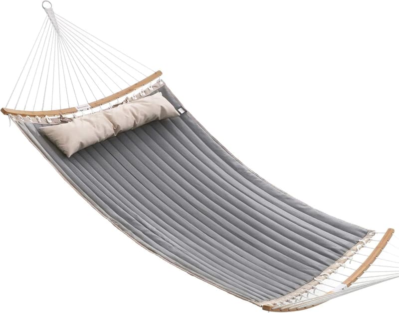 Portable Quilted Hammock with Bamboo Spreaders, 495 lb, Gray/Beige