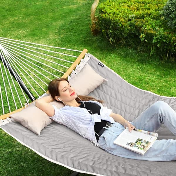 Portable Quilted Hammock with Bamboo Spreaders, 495 lb, Gray/Beige