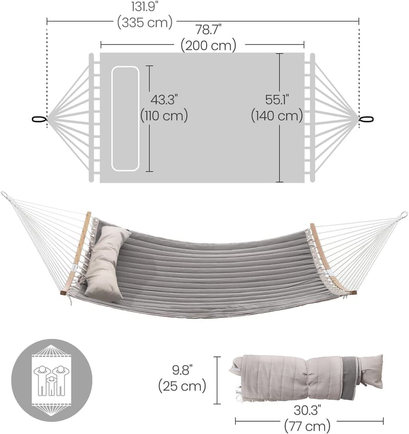 Portable Quilted Hammock with Bamboo Spreaders, 495 lb, Gray/Beige
