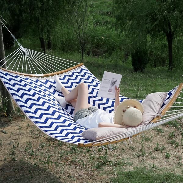 Blue Double Hammock with Spreader Bar - 450 lbs Capacity